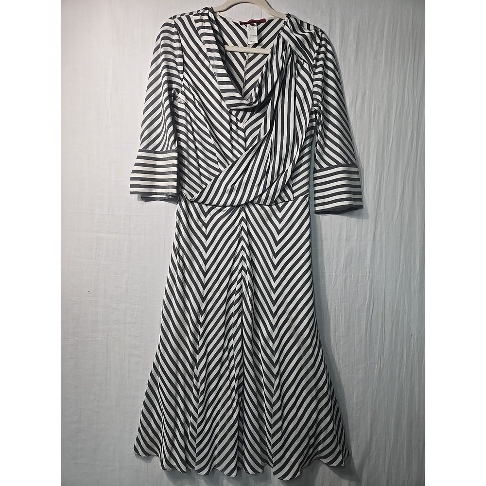 Les Copains Gray White Striped‎ Silk Maxi Dress 46 Women's Large Lined Side Zip